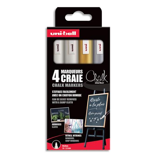 Marqueur craie Uni-ball Uni Chalk Marker - pointe moyenne - 2 blanc / 1 argent / 1 or - set de 4