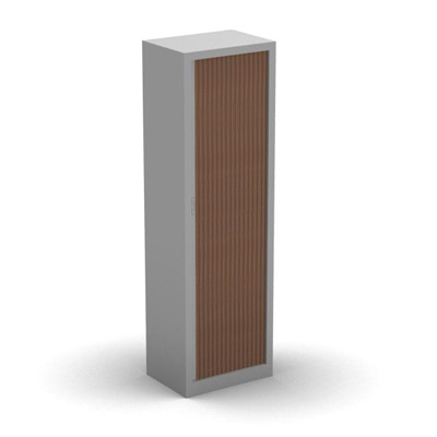 Armoire penderie H. 198 x L. 60 x P. 43 cm - corps gris aluminium - rideaux noyer ambr - quipe d'1 tablette penderie