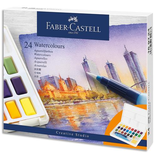 Bote de 24 Faber Castell Demi godets Aquarelle - Palette dtachable - Pinceau  eau fourni
