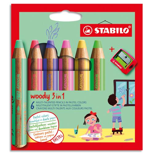 Crayon de couleur Stabilo woody 3in1  - Etui carton de 6 crayons + taille-crayon - Coloris pastel