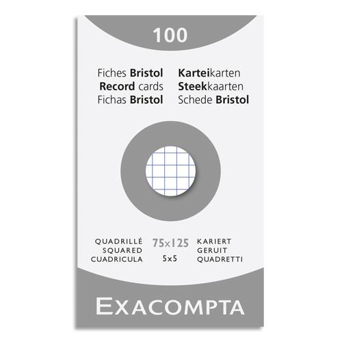 Etui de 100 fiches bristol Exacompta non perfores 75x125mm (A7) quadrilles 5x5 Blanc