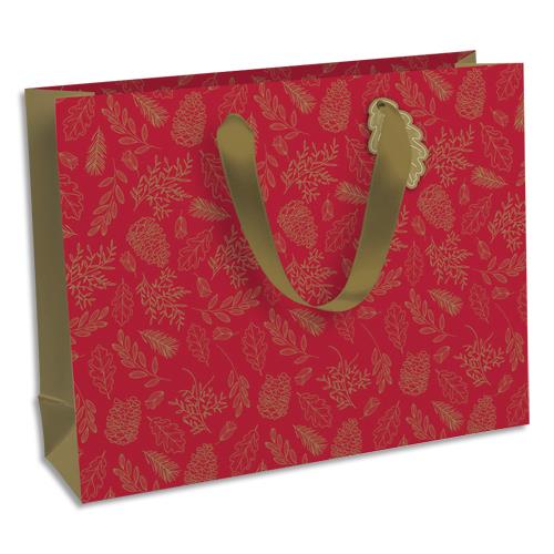 Sac cadeau Fin d'anne Clairefontaine 37,3x11,8x27,5cm en carte 210g - Anses coton - Motif floral rouge/or