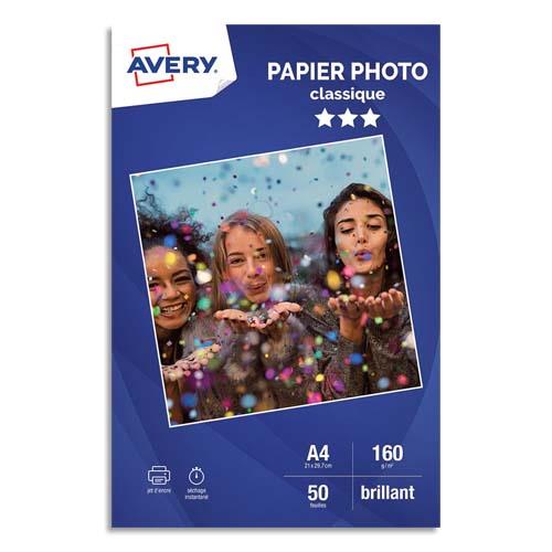 Bote de 50 feuilles de papier photo brillant Avery A4 - Jet d'encre - 160 g