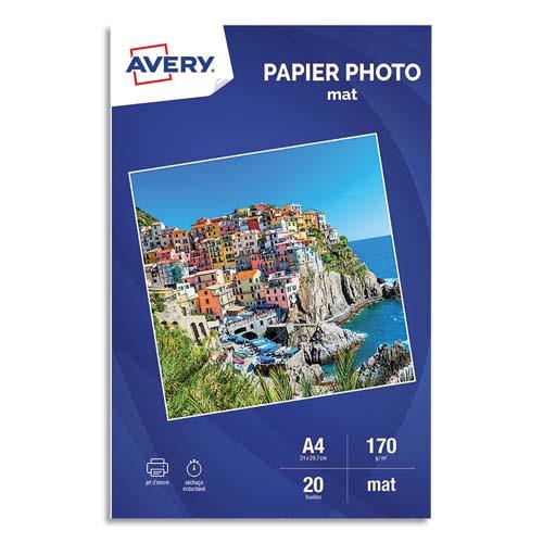 Bote de 20 feuilles de papier photo mat Avery A4 - Jet d'encre - 170 g