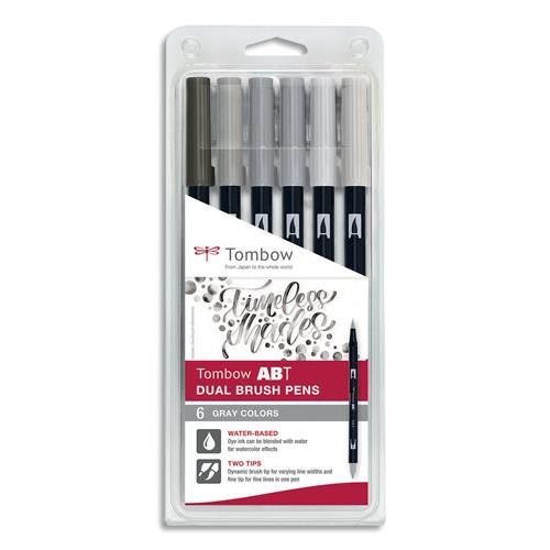 Set 6 ABT Dual Brush Pen, feutre avec pointe fine et pointe pinceau Tombow,  base d'eau - couleur gris