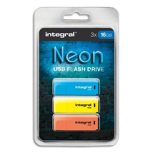 Pack de 3 cls USB Integral 2.0 16Go Bleue/Jaune/Orange INFD16GBNEONBLYLOR