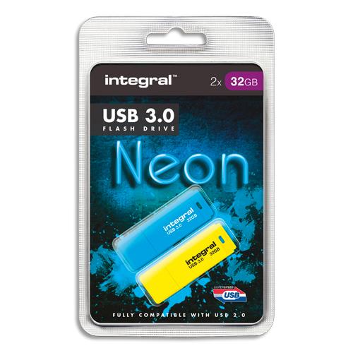 Pack de 2 cls USB Integral 3.0 32Go Bleu/Jaune INFD32GBNEON3.0BLYL