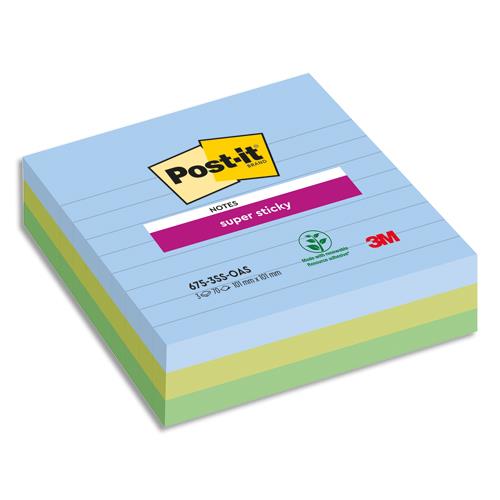 Notes Post-It Super Sticky Grand Format Lignes Oasis - 101 x 101 mm - 3 blocs, 70 F - Ass : bleu et vert
