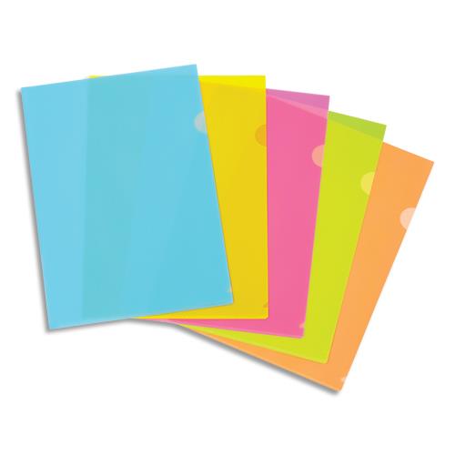 Sachet 10 pochettes coin Viquel A4 Happy Fluo en polypropylne 13/100me - Coloris assortis
