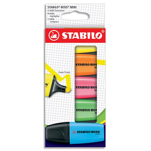 Surligneur pointe biseaute Stabilo BOSS MINI - Etui carton de 5 surligneurs - Coloris assortis