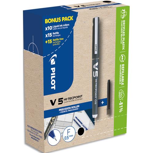 Greenpack de stylo encre liquide Pilot VBALL 05, comprend 10 stylos + 10 sets de 3 recharges, noir