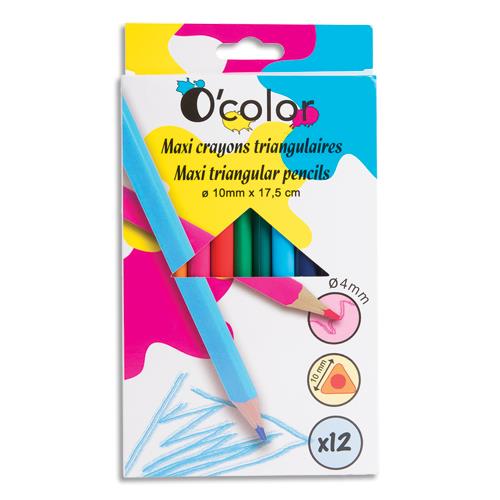 Bote de 12 maxi crayons de couleurs O'Color en rsine triangulaire - Diamtre 10mm, mine 4mm - Assortis