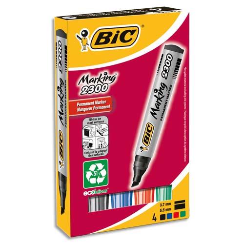 Pochette de 4 Marqueurs permanents Bic 2300 - pointe biseau - encre  base d'alcool - 4 couleurs assorties