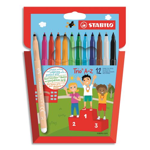 Etui de 12 feutres de coloriage Stabilo Trio - pointe moyenne - 10 coloris classiques + 2 fluos