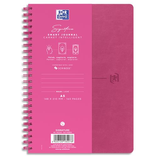 Carnet Oxford Signature - format A5 - couverture souple  spirale - 160 pages lignes 7mm - Coloris fuchsia