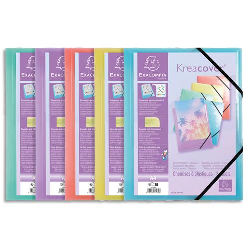 Chemise personnalisable Exacompta - 1 face - 3 rabats  lastique Kreacover - en PP - Coloris assortis pastel