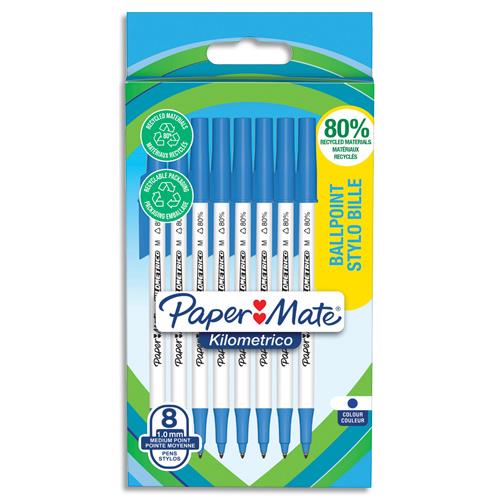 Sachet de 8 stylos  bille Papermate KILOMETRICO -  capuchon - recycl  80% - Pointe moyenne 1.0 mm - bleu