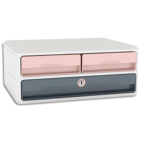 Module CEP MoovUp Secure 2 petits tiroirs + 1 grand tiroir - Caisson Blanc, tiroirs Rose poudr /Gris