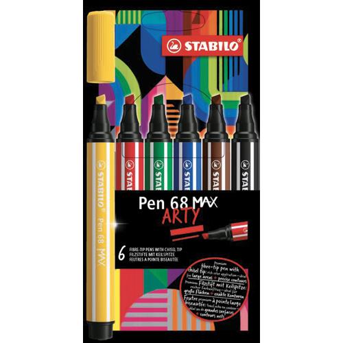 Etui carton de 6 feutres Stabilo Pen 68 MAX ARTY - Pointe large biseaute - Coloris assortis