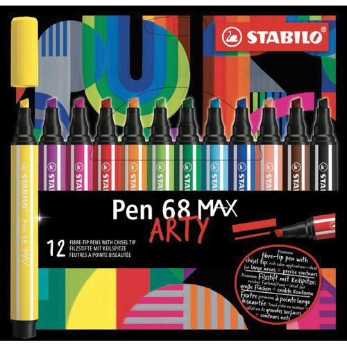Etui carton de 12 feutres Stabilo Pen 68 MAX ARTY - Pointe large biseaute - Coloris assortis