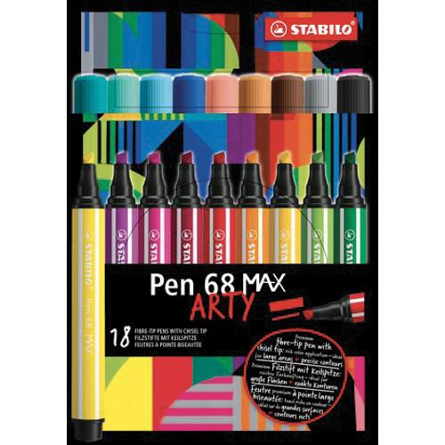 Etui carton de 18 feutres Stabilo Pen 68 MAX ARTY - Pointe large biseaute - Coloris assortis