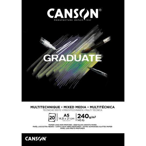 Bloc de 20 feuilles Canson GRADUATE Mixed Media - Format A5 - 240 grammes - Papier lisse noir profond - Coll