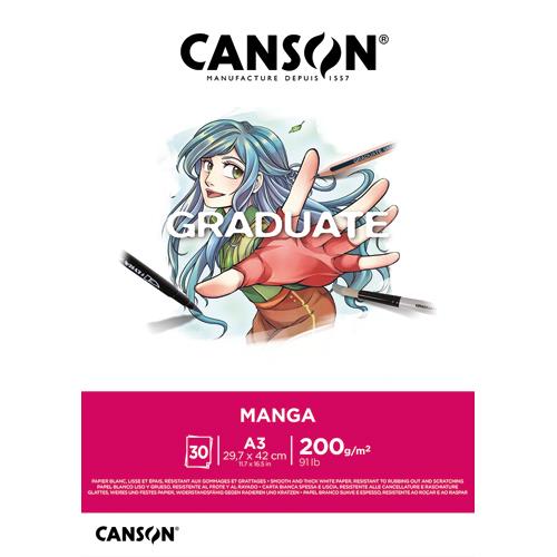 Bloc de 30 feuilles Canson GRADUATE Manga - A3 - 200gr - Blanc, lisse et rsistant aux gommages et grattages