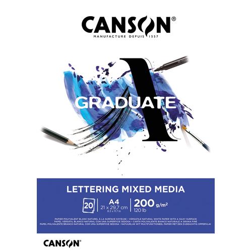 Bloc 20 feuilles Canson Graduate Lettering Mixed Media - A4 - 200gr - Blanc naturel - Surface soyeuse