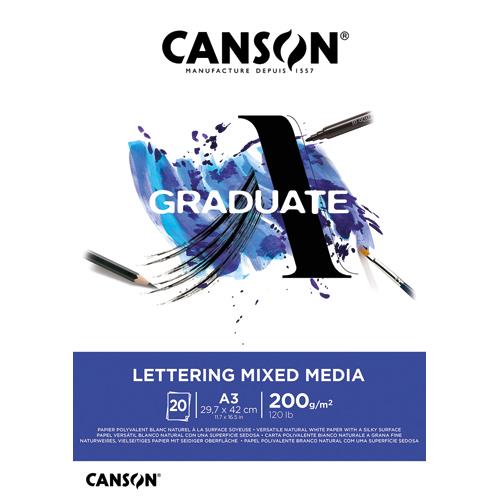 Bloc 20 feuilles Canson Graduate Lettering Mixed Media - A3 - 200gr - Blanc naturel - Surface soyeuse