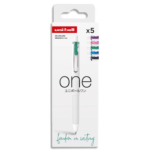 Set de 5 Uni-Ball ONE roller encre gel r�tractable - 0,7 mm - coloris assortis - Ecriture moyenne