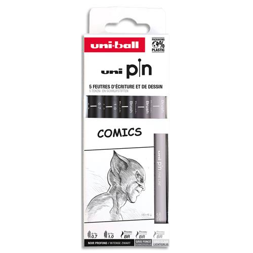 Pochette de 5 feutres techniques Uni-Ball UNI PIN - 5 Pointes calibr�es noir/gris - Th�matique comics