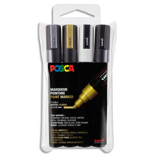 Set de 4 marqueurs peinture Uni-Ball Posca - Pointe conique moyenne 1,8 � 2,5 mm - Blanc-Noir-Or-Argent