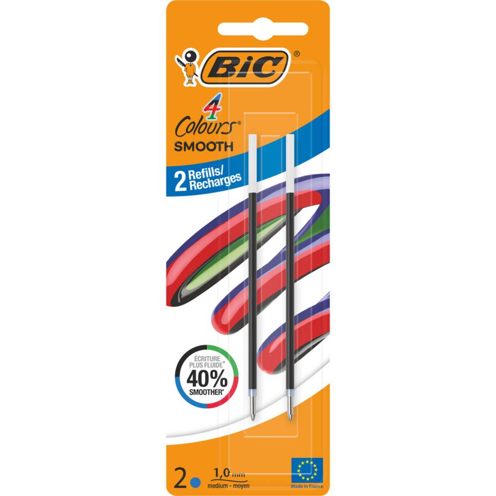 Recharges bleues BIC pour stylo bille 4 Couleurs Smooth - Pointe moyenne 1 mm - Encre ultra douce - Blister de 2