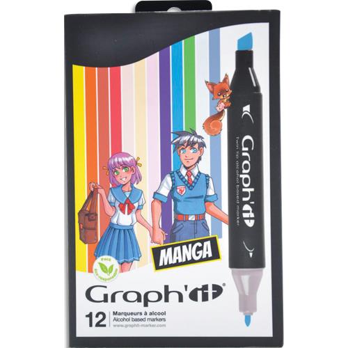 Set de 12 marqueurs  alcool Oz International Graphit Manga pour raliser des mangas - 12 coloris