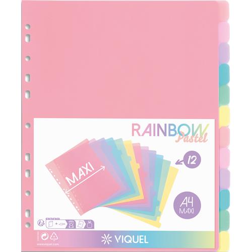 Jeu de 12 intercalaires Viquel polypropylne Rainbow A4 maxi. Coloris multicolores