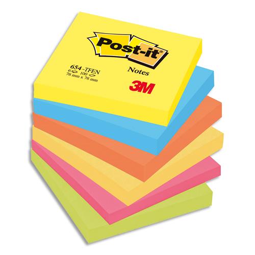 Lot de 6 blocs repositionnables de 100 feuilles Post-it, format 7,6 x 7,6 cm, couleurs ''nergiques''