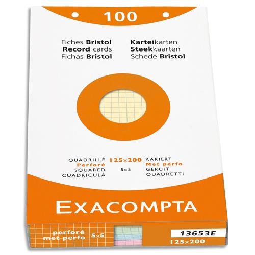 tui de 100 fiches bristol Exacompta perfores 125x200mm quadrilles 5x5 assortis