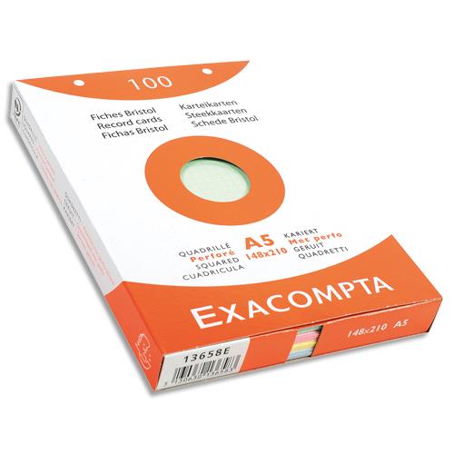tui de 100 fiches bristol Exacompta perfores 148x210mm A5 quadrilles 5x5 assortis