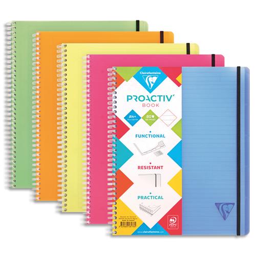 Cahier Clairefontaine Linicolor Proactive spirale PP 160p lign format 22,5x29,7cm. Coloris assortis Fresh