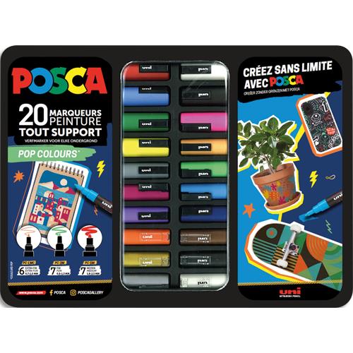 Mallette Pop Colours de 20 marqueurs peinture Posca, 3 pointes PC1MC, PC3MC et PC5M, couleurs assorties