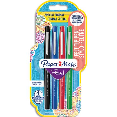 Blister de 4 feutres criture Flair Original Papermate, encres standard: noir, bleu, rouge et vert