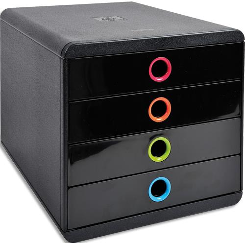 Module de classement Exacompta Pop-Box, 4 tiroirs. Dim (l x h x p) : 27,8 x 26,7 x 34,7 cm. Noir/Arlequin