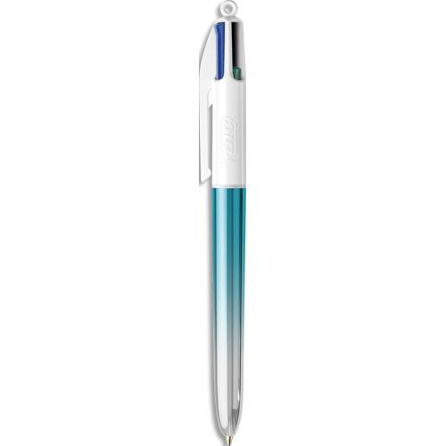 Stylo bille rtractable Bic 4 couleurs. Pointe Moyenne (1,0 mm). Dcor BI COLOR bleu / argent