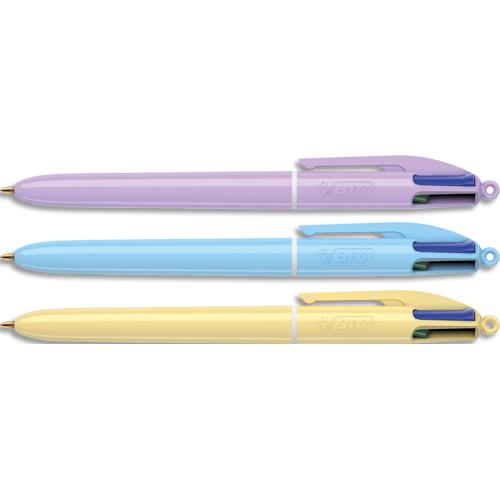 Stylo bille rtractable Bic 4 couleurs. Pointe 1,0mm. Corps pastel. Couleurs alatoires jaune-mauve-bleu