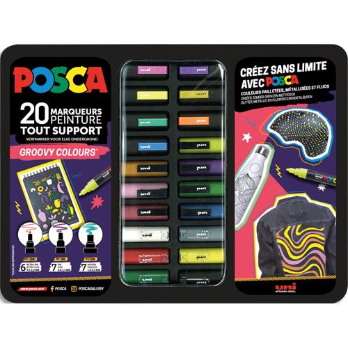 Mallette Groovy Colours de 20 marqueurs peinture Posca, 3 pointes PC1MC, PC3MC et PC5M, couleurs assorties