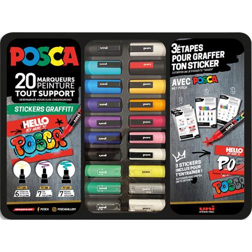 Mallette Stickers Graffiti de 20 marqueurs peinture Posca, 3 pointes PC1MC, PC3MC et PC5M, couleurs assorties