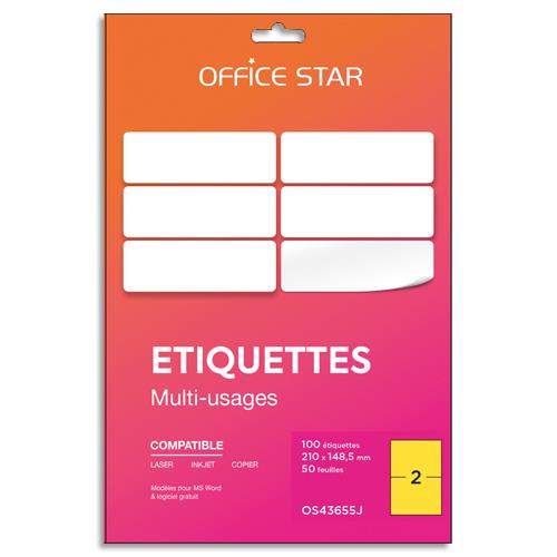 Bote de 100 tiquettes adhsives multiusage format A5 210x148mm Office Star, planche A4, coloris jaune