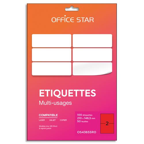Bote de 100 tiquettes adhsives multiusage format A5 210x148mm Office Star, planche A4, coloris rouge