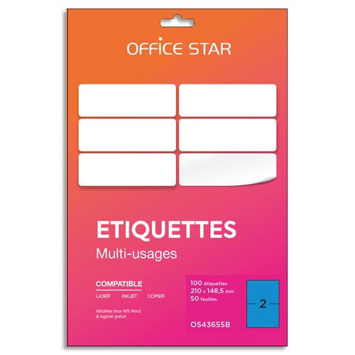 Bote de 100 tiquettes adhsives multiusage format A5 210x148mm Office Star, planche A4, coloris bleu