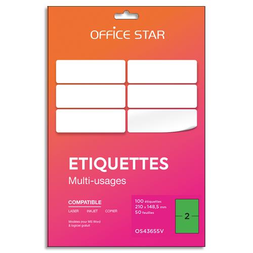 Bote de 100 tiquettes adhsives multiusage format A5 210x148mm Office Star, planche A4, coloris vert
